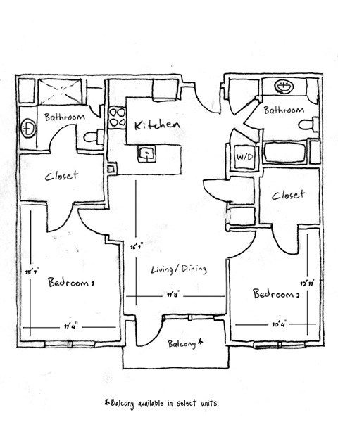 A floor plan of a house with two bedrooms, a living room, a kitchen, a bathroom, a closet, and a balcony.